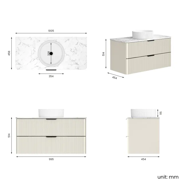 Cadiz Fluted Linen White Wall Hung Drawer Vanity Marble Top & Nevis Basin 1000mm - Black Accents