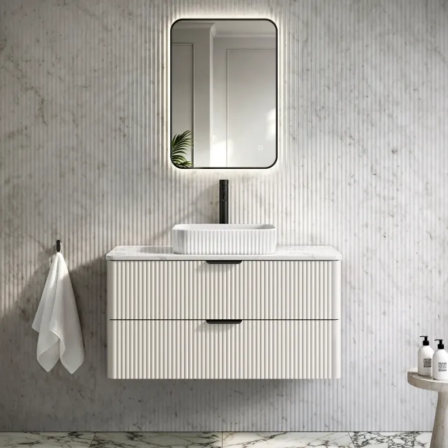 Cadiz Fluted Linen White Wall Hung Drawer Vanity with Marble Top & Reno Basin 1000mm - Black Accents