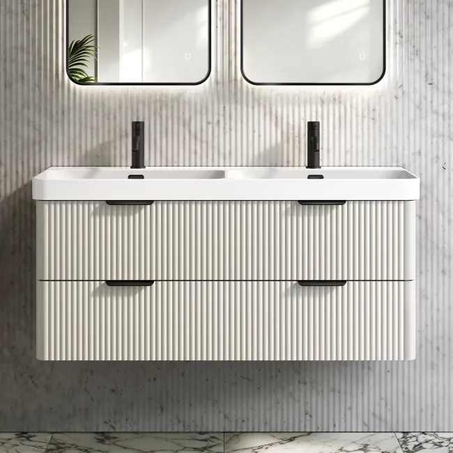 Cadiz Fluted Linen White Wall Hung Double Basin Drawer Vanity 1200mm - Black Accents