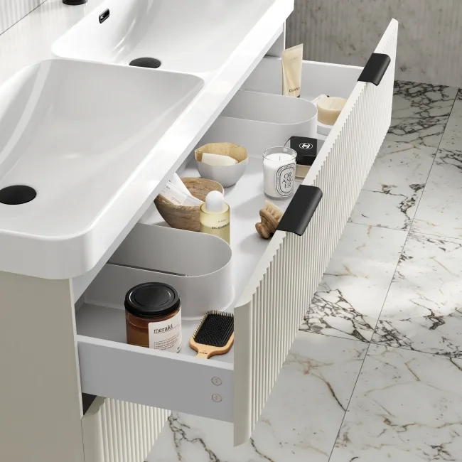 Cadiz Fluted Linen White Wall Hung Double Basin Drawer Vanity 1200mm - Black Accents