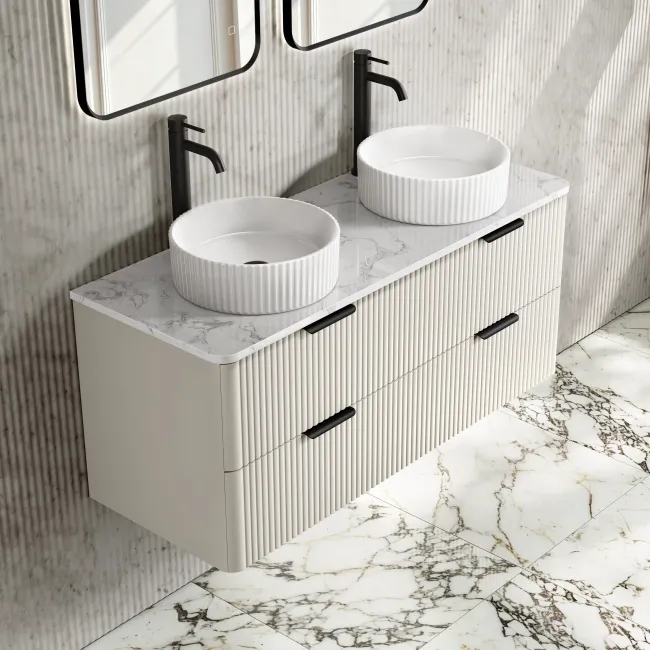 Cadiz Fluted Linen White Double Wall Hung Vanity Marble Top & Nevis Basin 1200mm - Black Accents