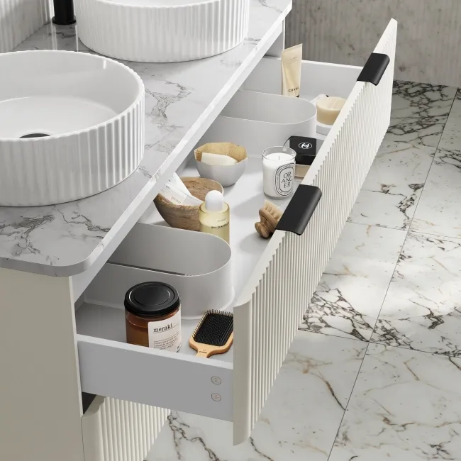 Cadiz Fluted Linen White Double Wall Hung Vanity Marble Top & Nevis Basin 1200mm - Black Accents