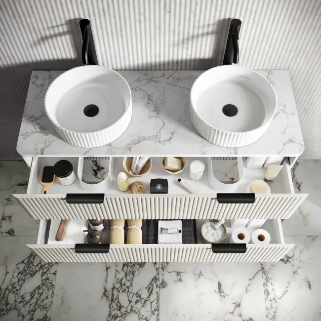 Cadiz Fluted Linen White Double Wall Hung Vanity Marble Top & Nevis Basin 1200mm - Black Accents