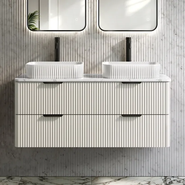 Cadiz Fluted Linen White Double Wall Hung Vanity Marble Top & Reno Basin 1200mm - Black Accents
