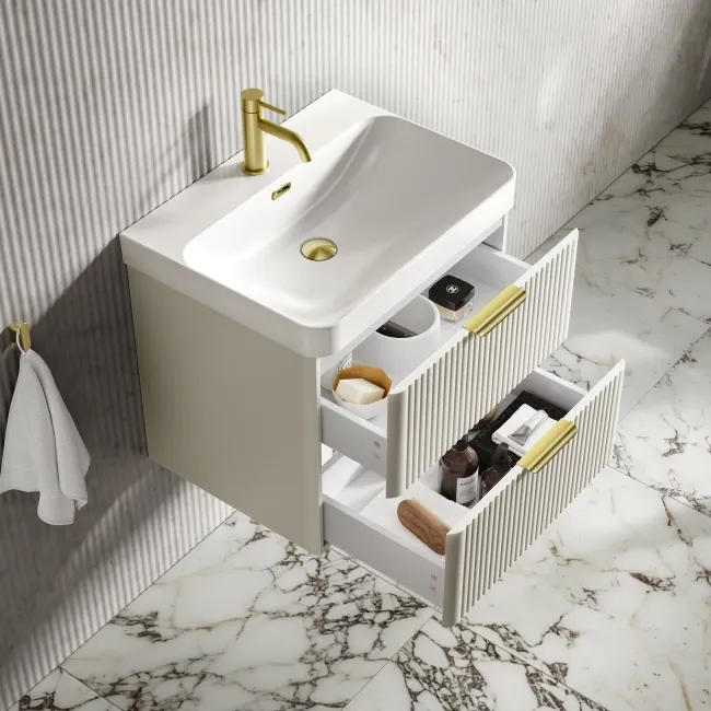 Cadiz Fluted Linen White Wall Hung Basin Drawer Vanity 600mm - Brushed Brass Accents