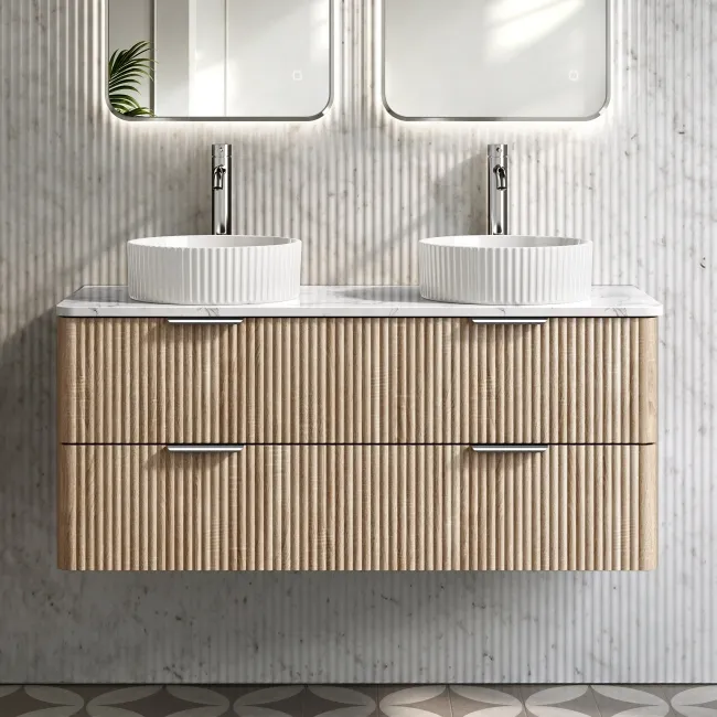 Cadiz Fluted Apex Oak Double Wall Hung Vanity Marble Top & Nevis Basin 1200mm - Chrome Handles