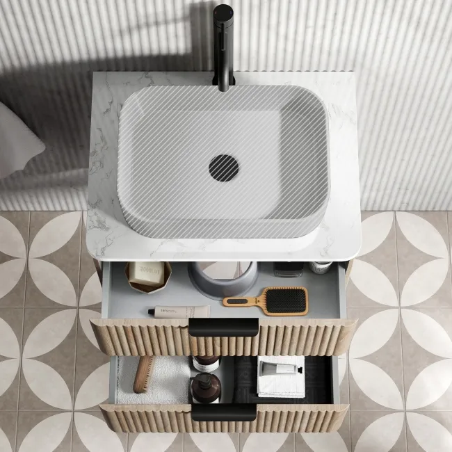 Cadiz Fluted Apex Oak Wall Hung Drawer Vanity with Marble Top 600mm (Excludes Basin) - Black Accents