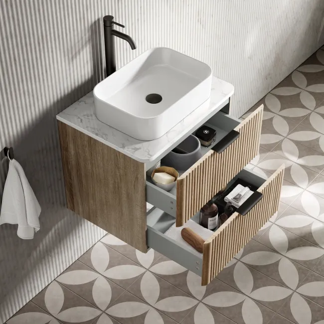 Cadiz Fluted Apex Oak Wall Hung Drawer Vanity with Marble Top & Marin Basin 600mm - Black Accents