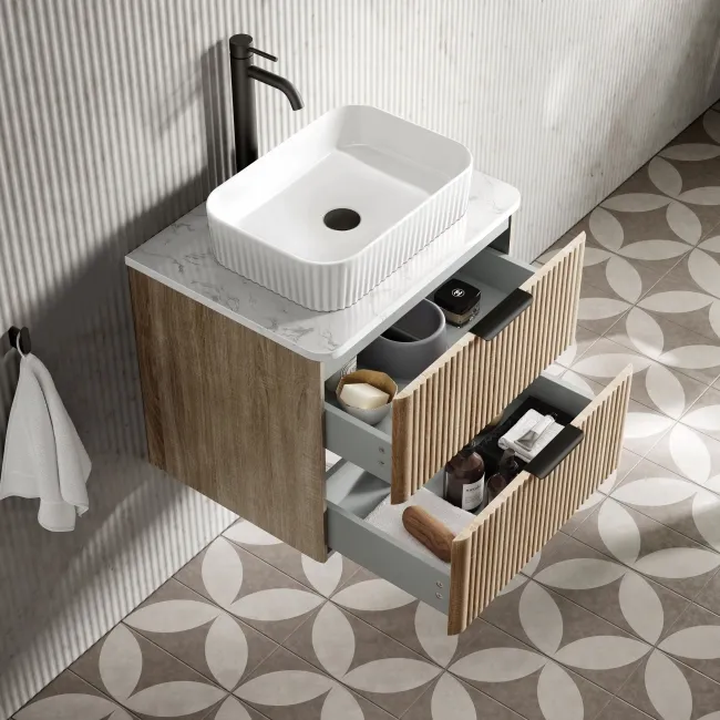 Cadiz Fluted Apex Oak Wall Hung Drawer Vanity with Marble Top & Reno Basin 600mm - Black Accents