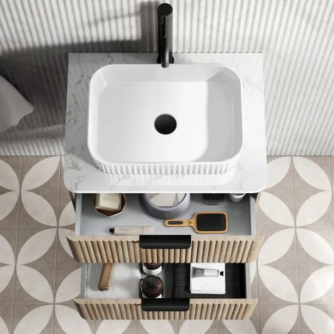 Cadiz Fluted Apex Oak Wall Hung Drawer Vanity with Marble Top & Reno Basin 600mm - Black Accents