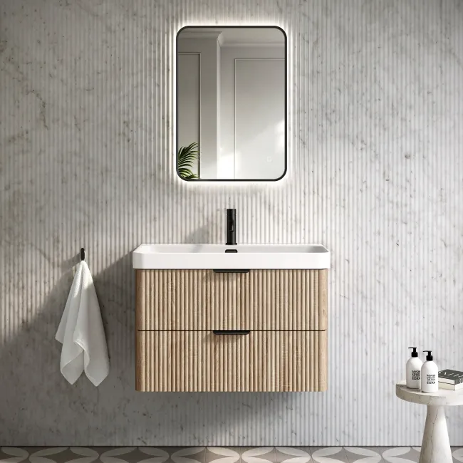 Cadiz Fluted Apex Oak Wall Hung Basin Drawer Vanity 800mm - Black Accents