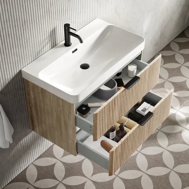 Cadiz Fluted Apex Oak Wall Hung Basin Drawer Vanity 800mm - Black Accents