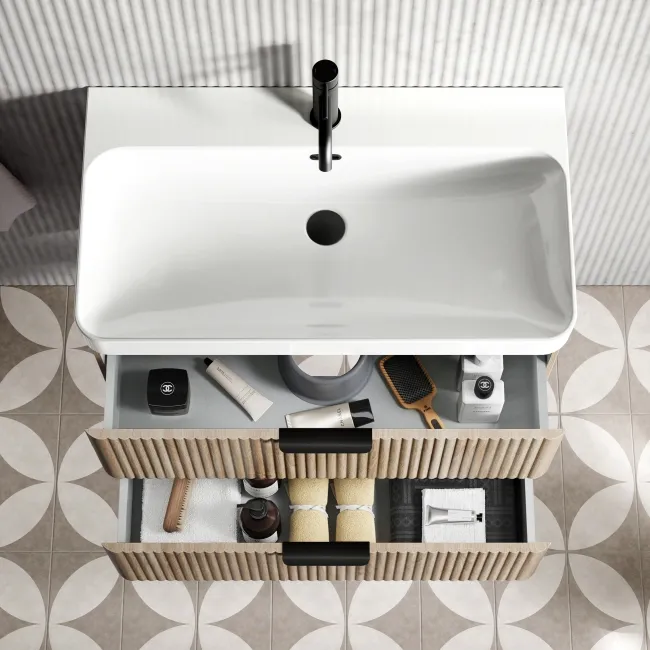 Cadiz Fluted Apex Oak Wall Hung Basin Drawer Vanity 800mm - Black Accents