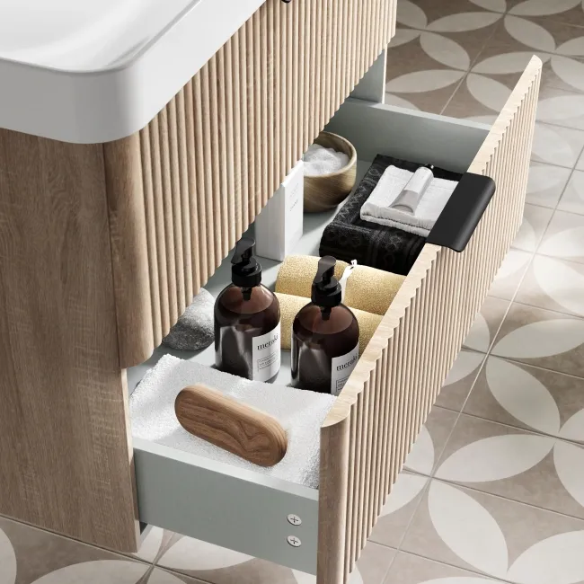 Cadiz Fluted Apex Oak Wall Hung Basin Drawer Vanity 800mm - Black Accents
