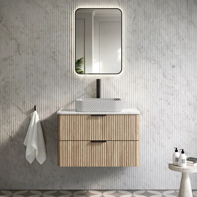Cadiz Fluted Apex Oak Wall Hung Drawer Vanity with Marble Top 800mm (Excludes Basin) - Black Accents