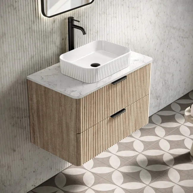 Cadiz Fluted Apex Oak Wall Hung Drawer Vanity with Marble Top & Reno Basin 800mm - Black Accents