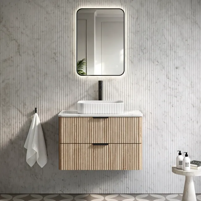 Cadiz Fluted Apex Oak Wall Hung Drawer Vanity with Marble Top & Reno Basin 800mm - Black Accents