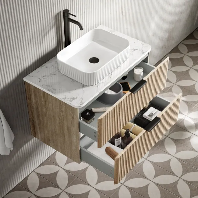 Cadiz Fluted Apex Oak Wall Hung Drawer Vanity with Marble Top & Reno Basin 800mm - Black Accents
