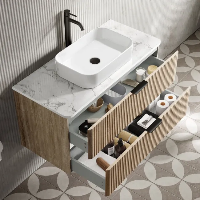 Cadiz Fluted Apex Oak Wall Hung Drawer Vanity with Marble Top & Marin Basin 1000mm - Black Accents