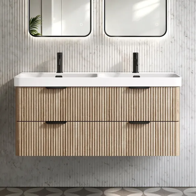 Cadiz Fluted Apex Oak Wall Hung Double Basin Drawer Vanity 1200mm - Black Accents