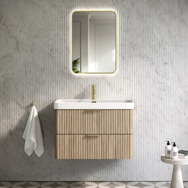 Cadiz Fluted Apex Oak Wall Hung Basin Drawer Vanity 800mm - Brushed Brass Accents