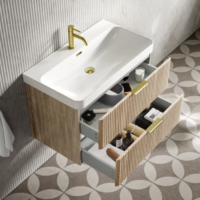 Cadiz Fluted Apex Oak Wall Hung Basin Drawer Vanity 800mm - Brushed Brass Accents