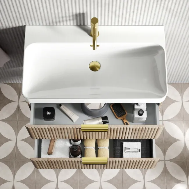 Cadiz Fluted Apex Oak Wall Hung Basin Drawer Vanity 800mm - Brushed Brass Accents