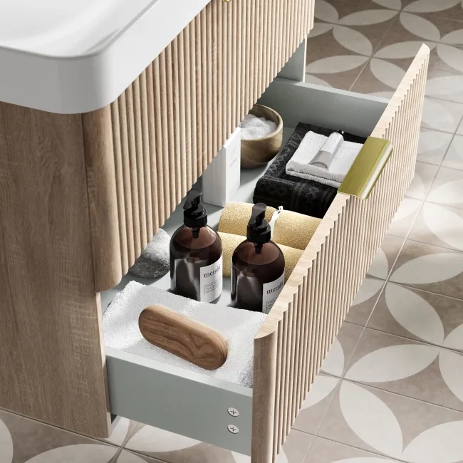 Cadiz Fluted Apex Oak Wall Hung Basin Drawer Vanity 800mm - Brushed Brass Accents