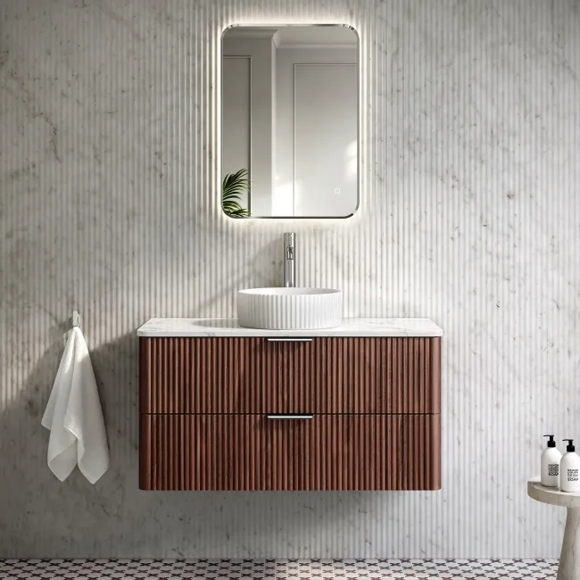 Cadiz Fluted Apex Walnut Wall Hung Drawer Vanity Marble Top & Nevis Basin 1000mm - Chrome Handles