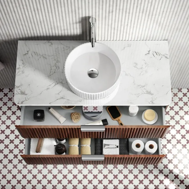 Cadiz Fluted Apex Walnut Wall Hung Drawer Vanity Marble Top & Nevis Basin 1000mm - Chrome Handles