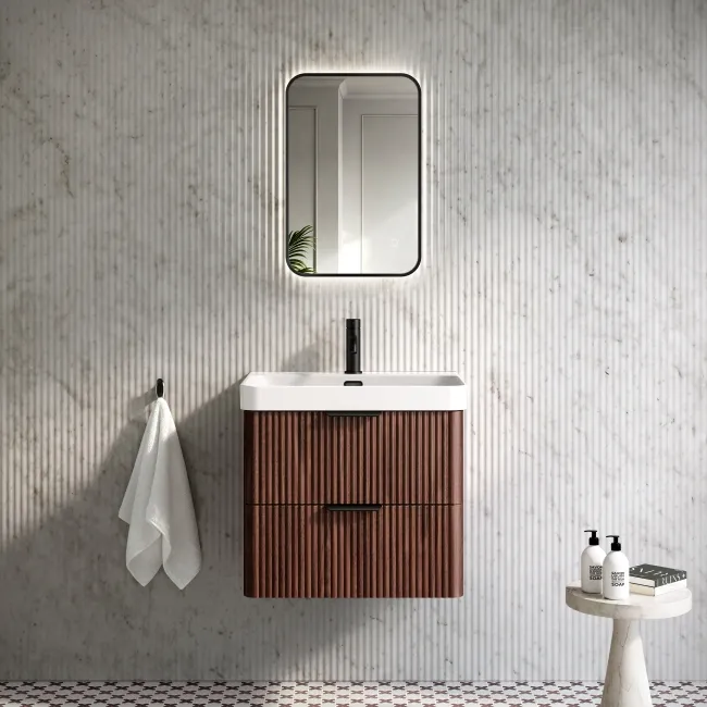 Cadiz Fluted Apex Walnut Wall Hung Basin Drawer Vanity 600mm - Black Accents
