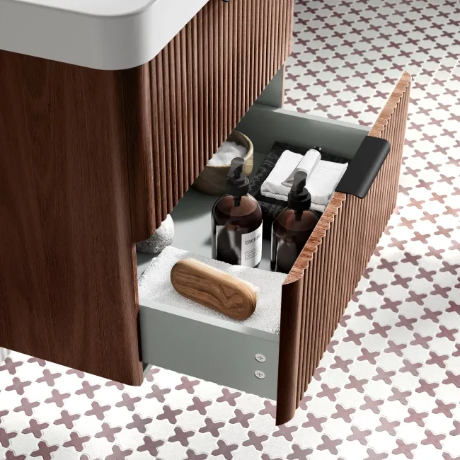 Cadiz Fluted Apex Walnut Wall Hung Basin Drawer Vanity 600mm - Black Accents