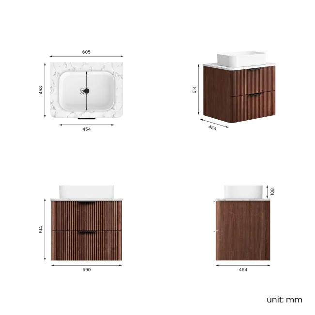 Cadiz Fluted Apex Walnut Wall Hung Drawer Vanity with Marble Top & Marin Basin 600mm - Black Accents