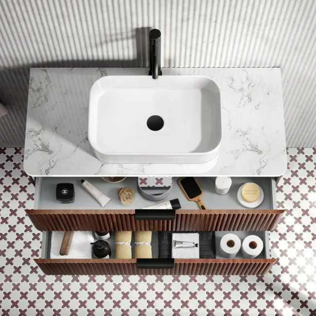 Cadiz Fluted Apex Walnut Wall Hung Drawer Vanity Marble Top & Marin Basin 1000mm - Black Accents
