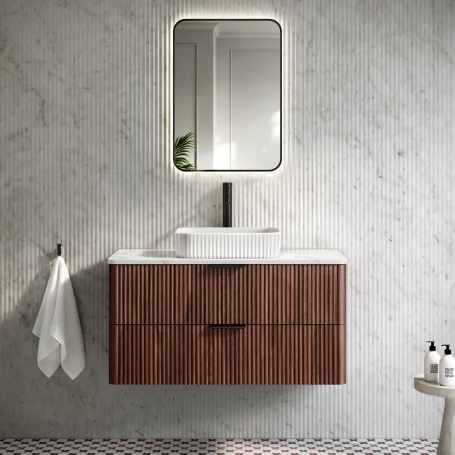 Cadiz Fluted Apex Walnut Wall Hung Drawer Vanity with Marble Top & Reno Basin 1000mm - Black Accents