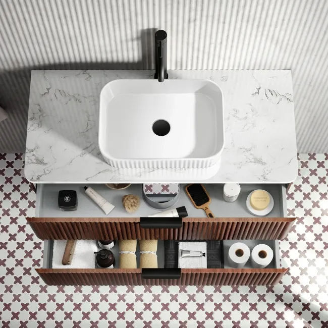 Cadiz Fluted Apex Walnut Wall Hung Drawer Vanity with Marble Top & Reno Basin 1000mm - Black Accents