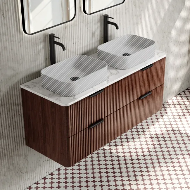 Cadiz Fluted Apex Walnut Double Wall Hung Vanity Marble Top 1200mm (No Basin) - Black Accents