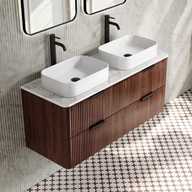 Cadiz Fluted Apex Walnut Double Wall Hung Vanity Marble Top & Marin Basin 1200mm - Black Accents