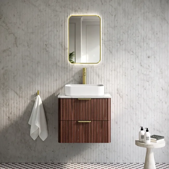 Cadiz Fluted Apex Walnut Wall Hung Vanity Marble Top & Marin Basin 600mm - Brushed Brass Accents