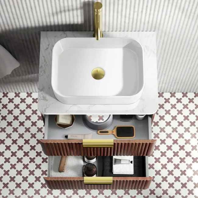 Cadiz Fluted Apex Walnut Wall Hung Vanity Marble Top & Marin Basin 600mm - Brushed Brass Accents