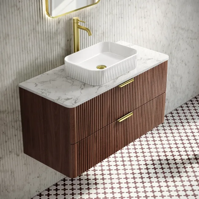 Cadiz Fluted Apex Walnut Wall Hung Vanity Marble Top & Reno Basin 1000mm - Brushed Brass Accents