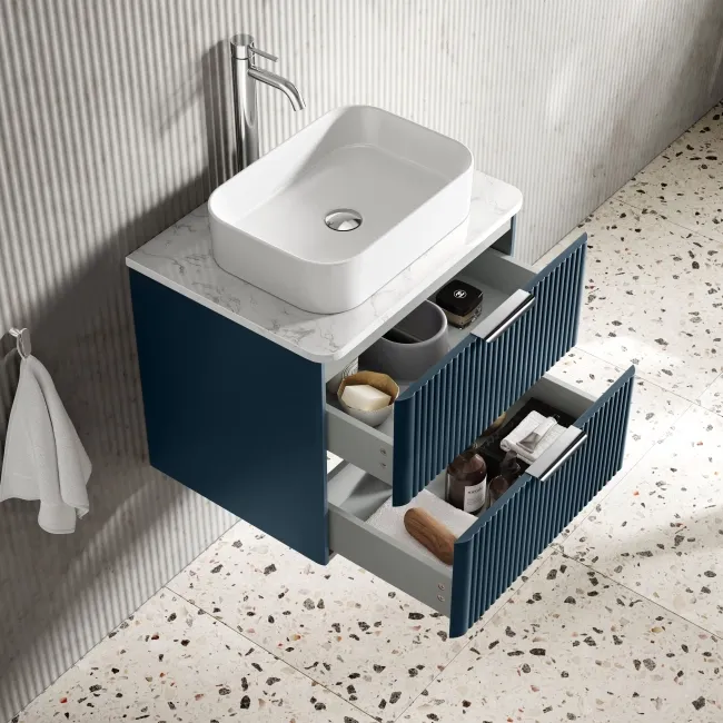 Cadiz Fluted Navy Blue Wall Hung Drawer Vanity with Marble Top & Marin Basin 600mm - Chrome Handles