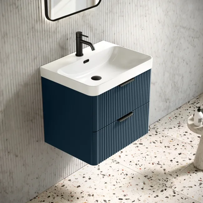 Cadiz Fluted Navy Blue Wall Hung Basin Drawer Vanity 600mm - Black Accents