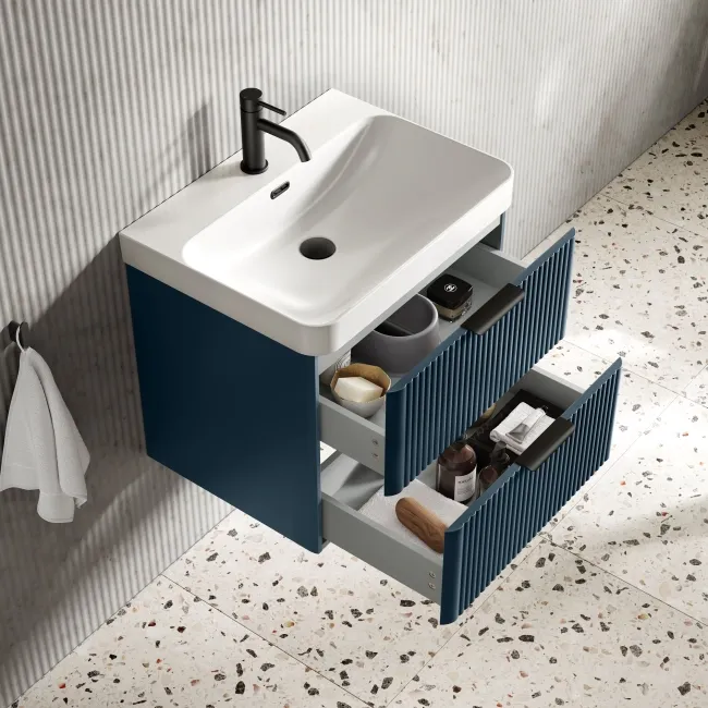 Cadiz Fluted Navy Blue Wall Hung Basin Drawer Vanity 600mm - Black Accents