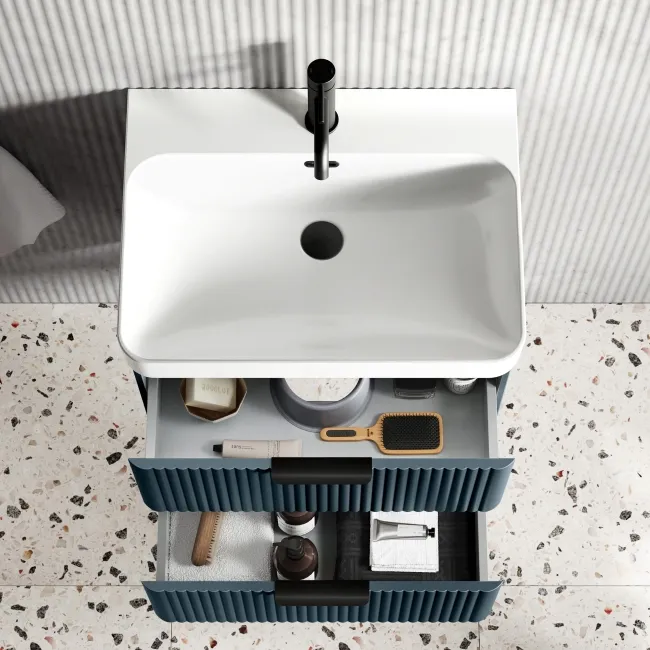 Cadiz Fluted Navy Blue Wall Hung Basin Drawer Vanity 600mm - Black Accents