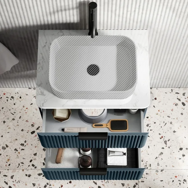 Cadiz Fluted Navy Blue Wall Hung Drawer Vanity Marble Top 600mm (Excludes Basin) - Black Accents