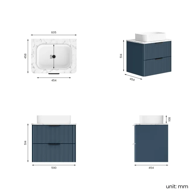 Cadiz Fluted Navy Blue Wall Hung Drawer Vanity with Marble Top & Marin Basin 600mm - Black Accents