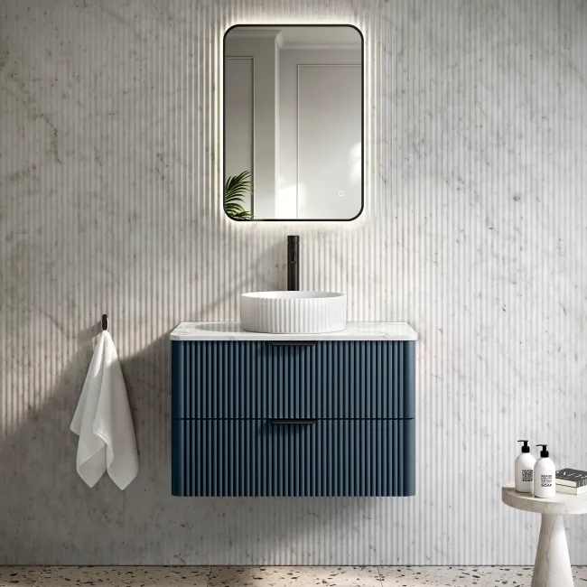 Cadiz Fluted Navy Blue Wall Hung Drawer Vanity with Marble Top & Nevis Basin 800mm - Black Accents