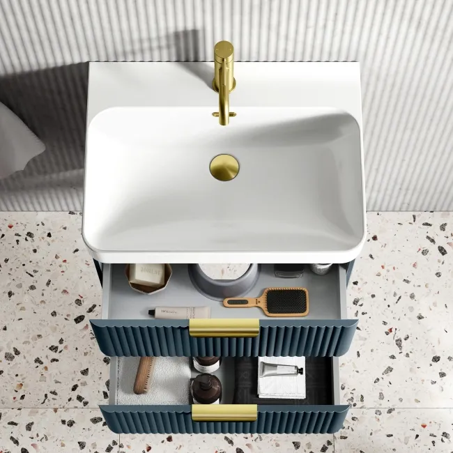 Cadiz Fluted Navy Blue Wall Hung Basin Drawer Vanity 600mm - Brushed Brass Accents