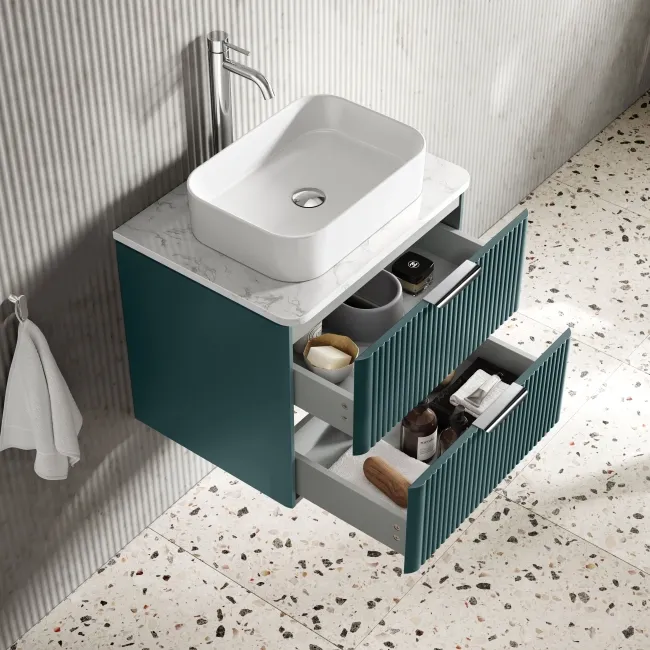 Cadiz Fluted Mystic Green Wall Hung Drawer Vanity Marble Top & Marin Basin 600mm - Chrome Handles
